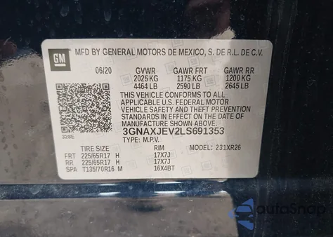 2020 Chevrolet Equinox Fwd 2Fl из США, поврежденный, VIN 3GNAXJEV2LS691353